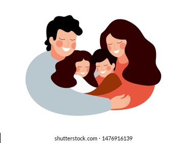 Pais e filhos se abraçando juntos e sorriem. Família estável feliz de quatro membros pai, mãe, filho e filha. Personagens de desenhos animados bonitos isolados no fundo branco