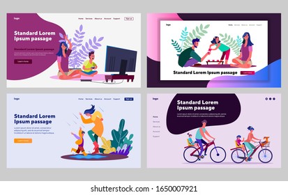 Parents And Children Enjoying Leisure Together Set. Video Games, Having Fun Outdoors, Riding Bike. Flat Vector Illustrations. Family, Activity Concept For Banner, Website Design Or Landing Web Page