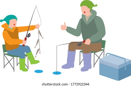 Parents and children enjoying smelt fishing