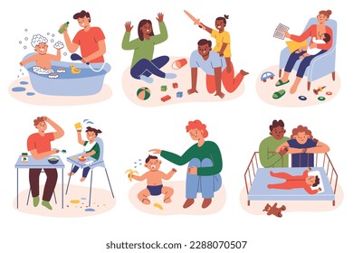 Padres y niños escenas diarias ambientadas, madres y padres felices y cansados, interacciones con niños, composiciones coloreadas dibujadas a mano, alimentación, baño, niños pequeños reconfortantes, ilustraciones de vectores de lactancia materna