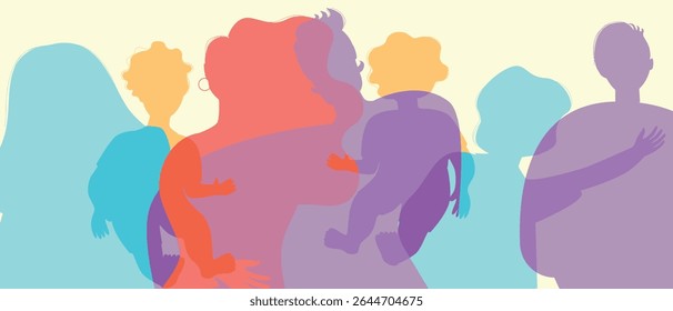 Parents and children faces with grandparents as a big family, color silhouette vector illustration as birth rate propaganda and authentic Family