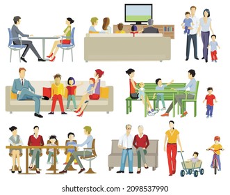 Parents and children, families group at home, isolated on white, illustration