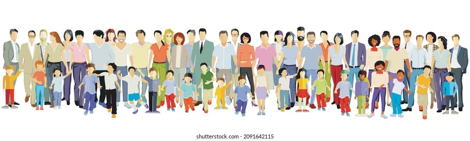 Parents and children, families groups isolated on white, illustration