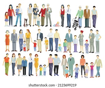 Parents and children, family groups isolated on white, illustration