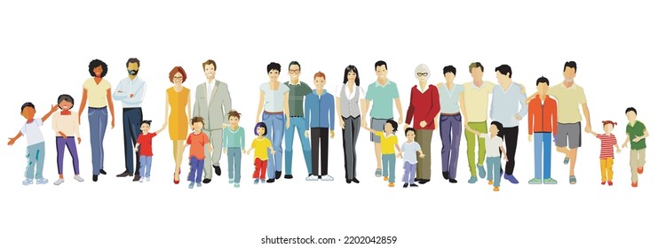 Parents and children, family groups isolated on white, illustration