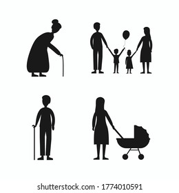 parents with children. family icon set. grandfather, granny, old man, old woman, people