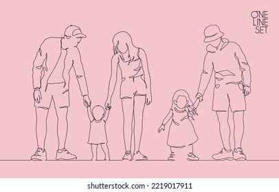 Parents and children. Family linear silhouette. Continuous single line