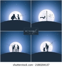 Parents and children. Family silhouette. Death, afterlife. Full moon