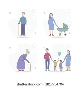 parents with children. family vector flat illustration on white background. grandfather, granny, old man, old woman, people