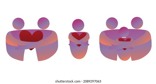 Parents And Children Are Friends And Hug. The Concept Of Love And Tolerance, Kindness And Mutual Assistance. Vector Icon