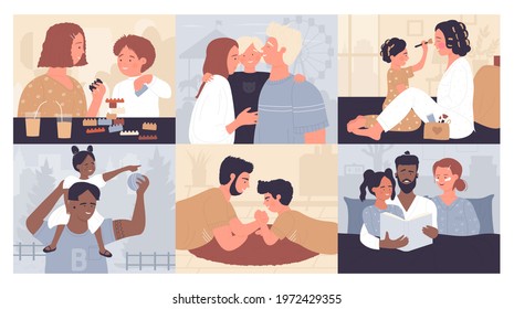 Parents and children, fun time parenthood vector illustration set. Cartoon happy family hugging, mother and father character playing with son or daughter, dad reading bedtime story to child background