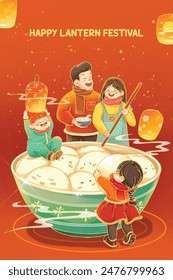 Parents and children gather around glutinous rice balls