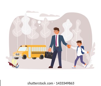 Parents and children go to school together. Father with son. Flat Art Vector illustration