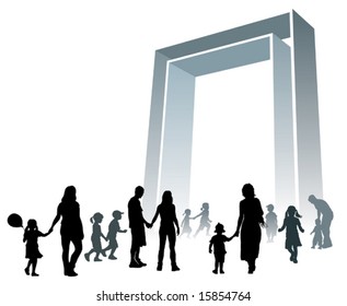 Parents and children are going to a large gate.