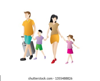 Parents with children are going on vacation. People traveling with family. Traveling family on vacation - Vector illustration