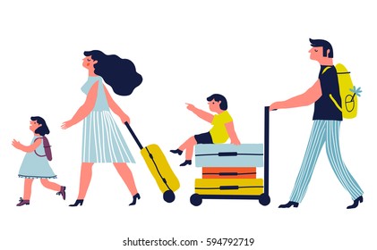 Parents with children are going on vacation. Vector creative illustration. Family travel.