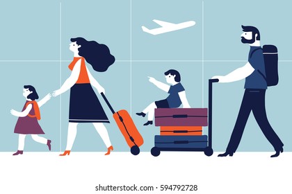 Parents with children are going on vacation. Vector creative illustration  on blue  background. Family travel.