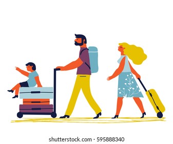 Parents with children are going on vacation. Father, daughter  and mother with luggage. Vector creative illustration. Family travel.