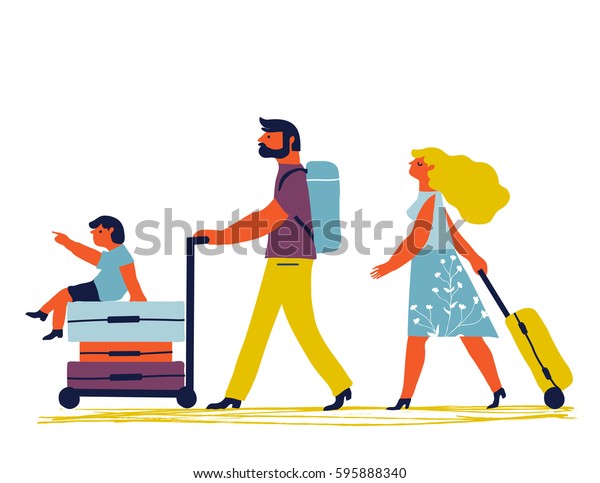 子どもを持つ親は休みに行っている お父さんと娘とお母さん荷物持って ベクター画像クリエイティブイラスト 家族旅行 のベクター画像素材 ロイヤリティフリー