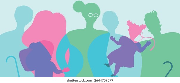 Parents and children with grandparents as a big family, color silhouette vector illustration as a propaganda of birth rate and authentic Family
