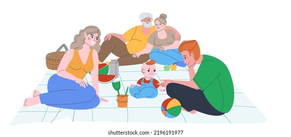 Padres, hijos y nieto están sentados en una manta. Picnic familiar. Papá juega con el bebé. El abuelo abraza a la abuela. Ilustración vectorial plana. Eps10