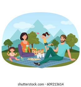 Parents and children having a picnic outside near the mountains vector illustration.