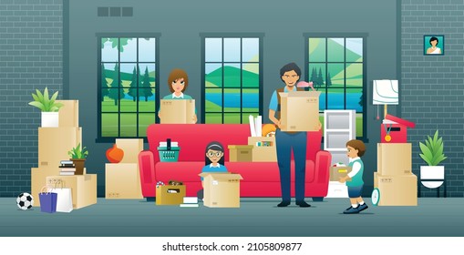 Parents and children help to pack things to move into a new home.