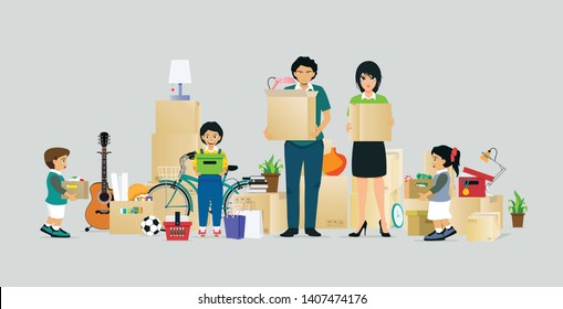 Parents and children Helping to keep things in the box