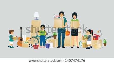 Parents and children Helping to keep things in the box