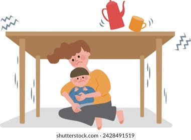Parents and children hiding under a desk during an earthquake