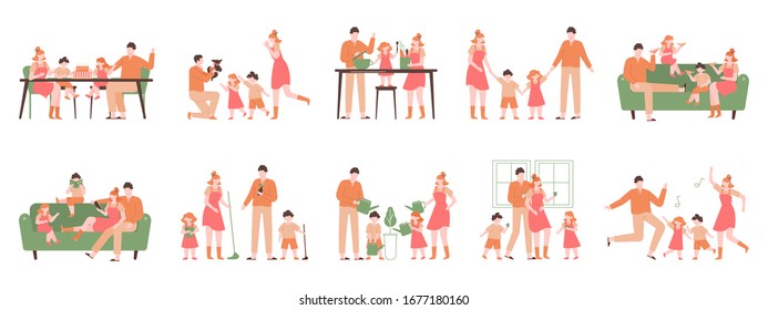 Parents and children at home. Family indoor activity, happy dad, mom and kids playing, cooking, dancing. Happy family vector illustration set. Parent and family activity at home