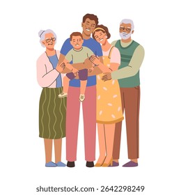 Parents and children hugging and smiling, love and support. Vector isolated cheerful stable family of father, mother and son, grandmother and grandfather. Cute cartoon characters embracing