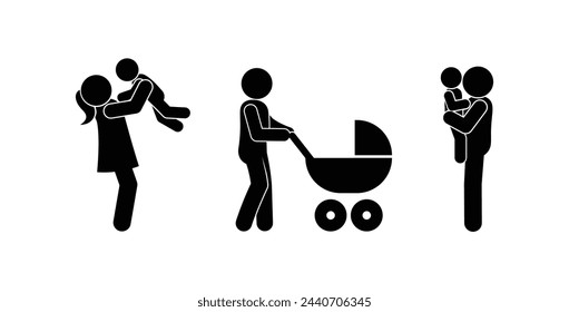 parents and children icon, father and mother holding a child in their arms, toddler icon, pictogram of a man with a baby stroller