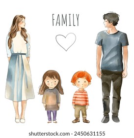 Parents and children isolated on white. Watercolor family. Vector illustration woman, man, two kids