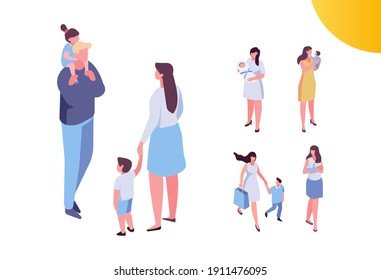 Parents with children isometric people set isolated on white background. Happy family with kids together, mother with pram. Parenting. Mother care.