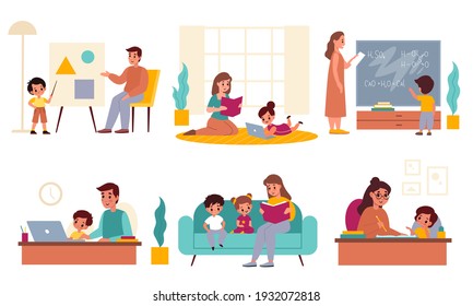 Los padres aprenden. Padres y madres que ayudan a los niños con tareas domésticas, proceso de estudio en casa, madres y padres enseñan a sus hijos e hijas. Escenas de dibujos animados vectoriales de concepto de educación en línea para la familia