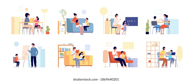 Parents Children Learning. Home Study, Mother Daughter Remote Education. Flat Adult Teacher And Student, Distance Teaching Utter Vector Set