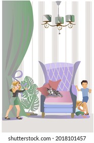 Parents and children at living room with modern interior.  Children activities at home. Hand drawn vector illustration.