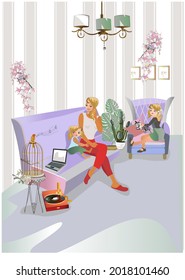 Parents and children at living room with modern interior.  Children activities at home. Hand drawn vector illustration.