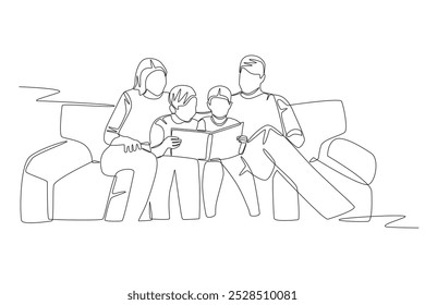 Parents and children looking at photo album. Photo album concept one-line drawing