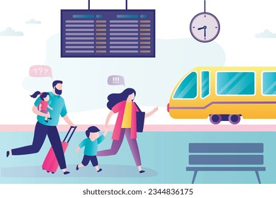 Parents with children and luggage running along railway platform. Passengers missed the train. Catch leaving wagon, late for departure. Family of tourists on train station. flat vector Illustration