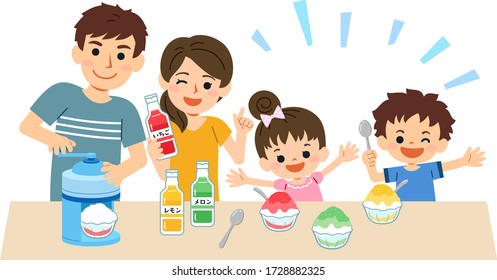 Parents and children make shaved ice and eat it.