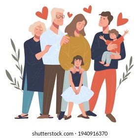 Parents and children, mom and dad with toddler and preschool girl. Man and woman with grandfather and grandmother. Family portrait and happy moments of parenthood and childhood. Vector in flat style