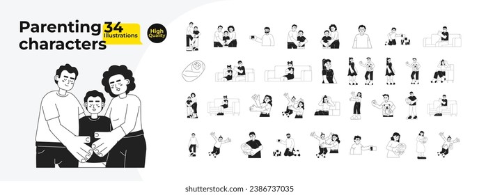 Parents children multicultural family black and white cartoon flat illustration bundle. Diverse kids adults linear 2D characters isolated. Infants, toddlers monochromatic vector image collection