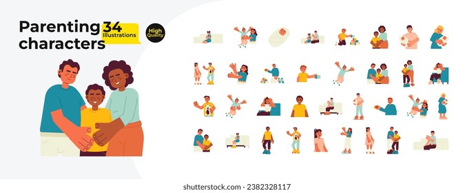 Parents children multicultural family cartoon flat illustration bundle. Diverse kids adults 2D characters isolated on white background. Infants, toddlers, adolescents vector color image collection