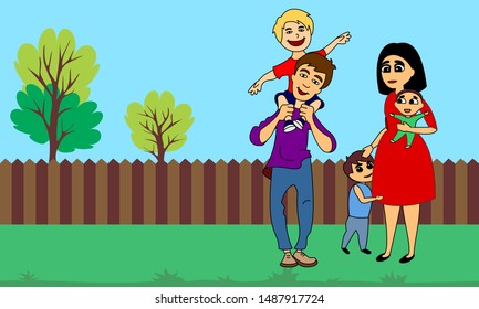 Parents with children in nature. Walking family. Vector color graphic illustration.
