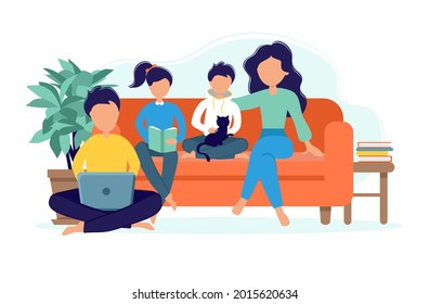 Parents with children on the couch. A woman and a man with children and a cat spend time together. A happy family. Vector illustration in flat style