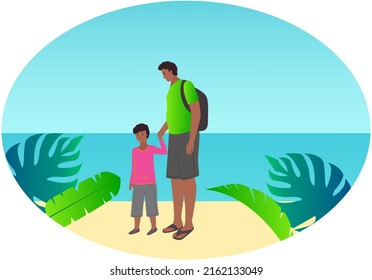 Parents and children on journey, outdoor activity concept. Family leisure. Man stands with his son on summer beach with sea on background. Dad holding boys hand. Family walking in vacation together