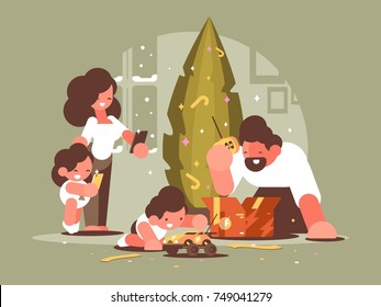 Parents with children open Christmas presents near festive xmas tree. Vector illustration