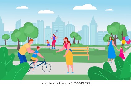 Parents with children in park together, vector illustration. Free time with happy family outside, leisure activity. Father teach son ride bike, mom with daughter on rollerskates, girl with balloons.